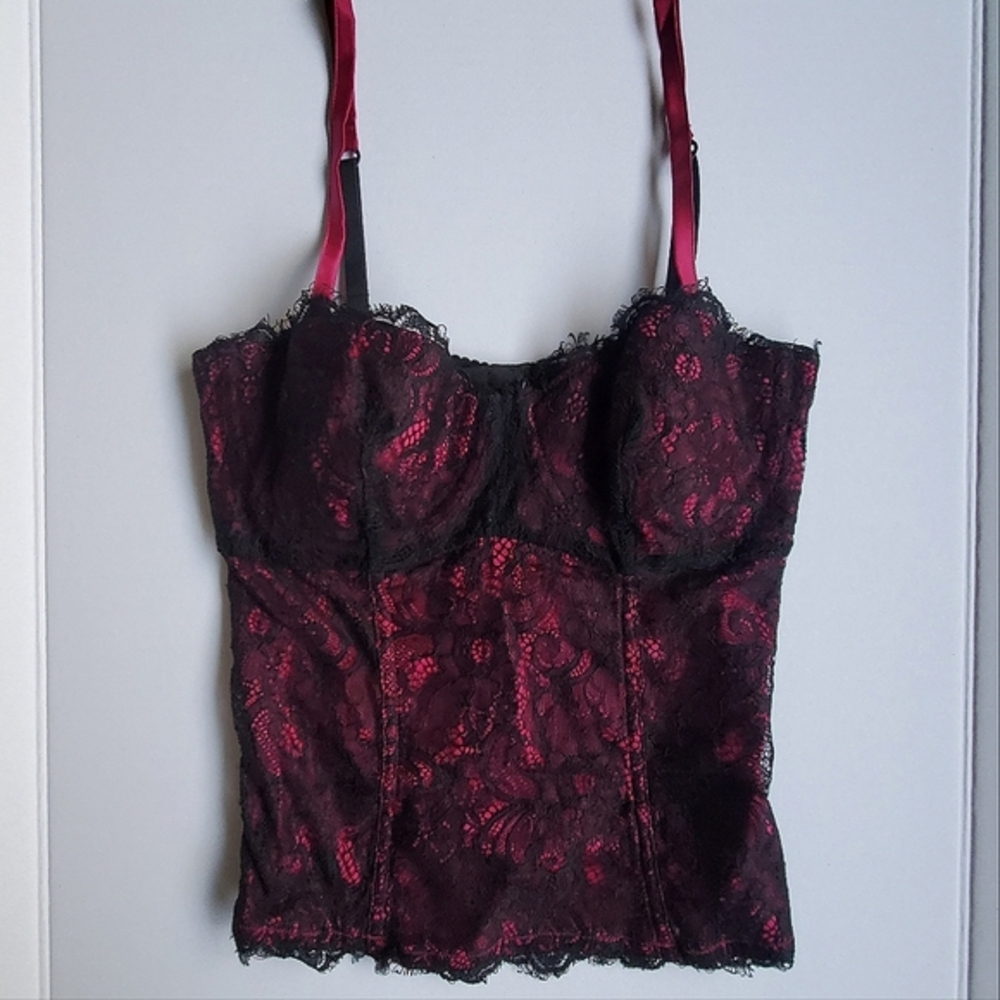 Vintage floral corset top Y2K Victoria's Secret lace silk black pink bustier XS